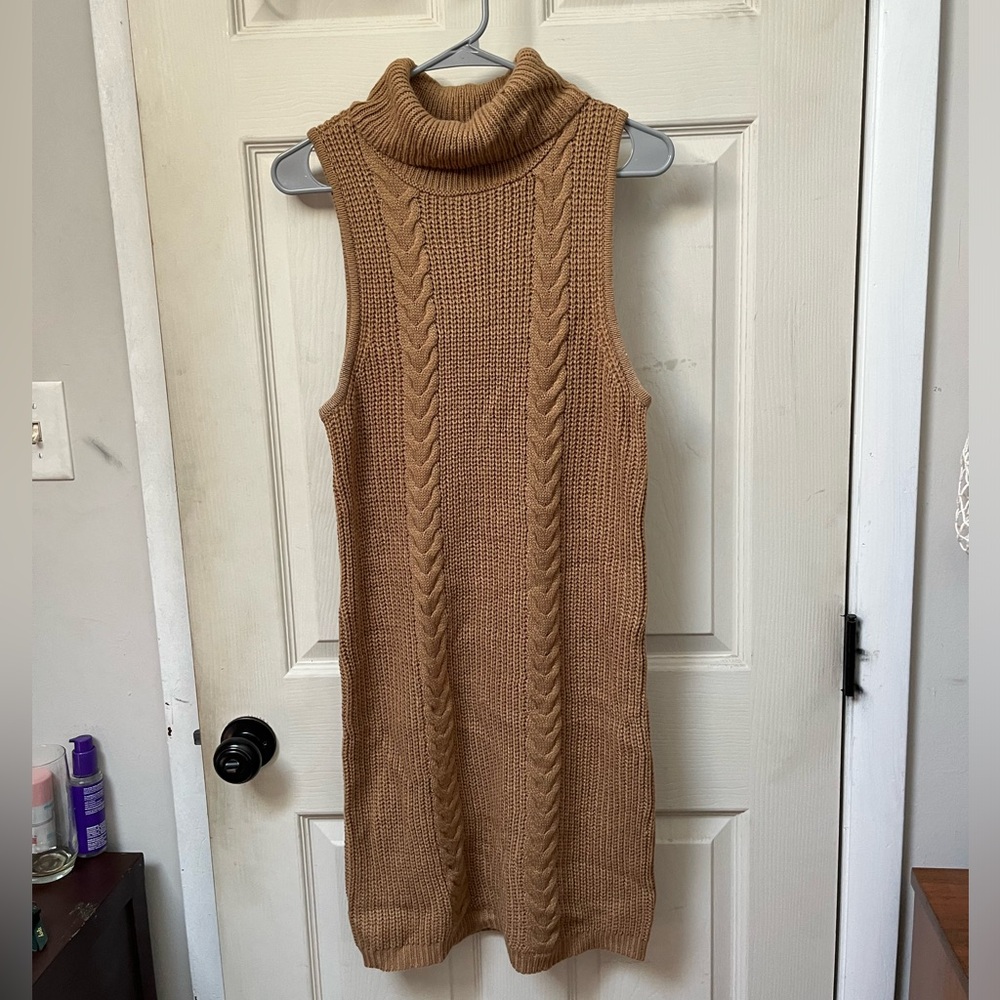 Tan knit sweater dress with turtleneck